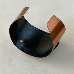 Vintage Modernist copper cuff bracelet with geometric raised design and oxidized black accents, Renoir style, mid‑century Modernist jewelry.