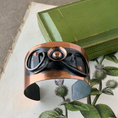 Vintage Modernist copper cuff bracelet with geometric raised design and oxidized black accents, Renoir style, mid‑century Modernist jewelry.