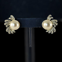 Vintage Richelieu Faux Pearl &amp; Pave Rhinestones Silver Tone Clip-on Earrings