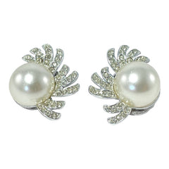 Vintage Richelieu Faux Pearl &amp; Pave Rhinestones Silver Tone Clip-on Earrings