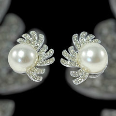 Vintage Richelieu Faux Pearl &amp; Pave Rhinestones Silver Tone Clip-on Earrings