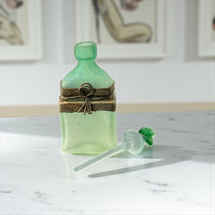 Vintage Romanian Art Glass Perfume Bottle – Green Frosted with Bronze Overlay
