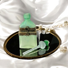 Vintage Romanian Art Glass Perfume Bottle – Green Frosted with Bronze Overlay