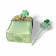 Vintage Romanian Art Glass Perfume Bottle – Green Frosted with Bronze Overlay