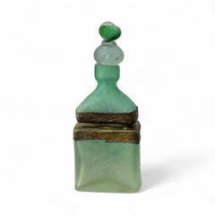 Vintage Romanian Art Glass Perfume Bottle – Green Frosted with Bronze Overlay