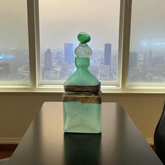 Vintage Romanian Art Glass Perfume Bottle – Green Frosted with Bronze Overlay