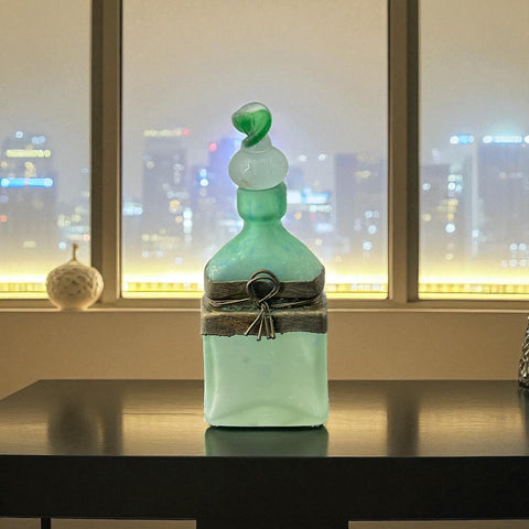 Vintage Romanian Art Glass Perfume Bottle – Green Frosted with Bronze Overlay