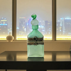 Vintage Romanian Art Glass Perfume Bottle – Green Frosted with Bronze Overlay