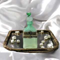 Vintage Romanian Art Glass Perfume Bottle – Green Frosted with Bronze Overlay