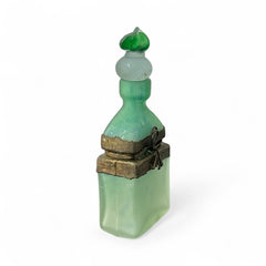Vintage Romanian Art Glass Perfume Bottle – Green Frosted with Bronze Overlay