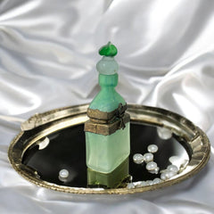 Vintage Romanian Art Glass Perfume Bottle – Green Frosted with Bronze Overlay