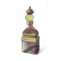 Vintage Romanian art glass perfume bottle with a plum and yellow frosted body, square base, and rounded neck, adorned with bronze wire and a sculptural stopper featuring a translucent yellow-green bead and plum-toned top.