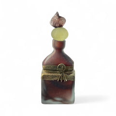 Vintage Romanian art glass perfume bottle with a plum and yellow frosted body, square base, and rounded neck, adorned with bronze wire and a sculptural stopper featuring a translucent yellow-green bead and plum-toned top.