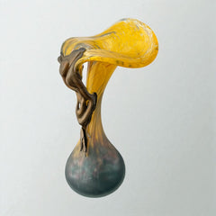 Vintage Romanian art glass vase from the 1990s featuring a frosted teal base, vibrant yellow flared top, and sculptural bronze overlay. Signed by the artist near the base. Elegant and expressive, with subtle surface variation and rich color contrast.