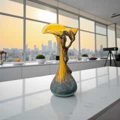 Vintage Romanian art glass vase from the 1990s featuring a frosted teal base, vibrant yellow flared top, and sculptural bronze overlay. Signed by the artist near the base. Elegant and expressive, with subtle surface variation and rich color contrast.