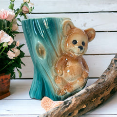 Vintage Royal Copley Bear on Tree Trunk Ceramic Vase