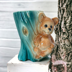 Vintage Royal Copley Bear on Tree Trunk Ceramic Vase