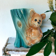 Vintage Royal Copley Bear on Tree Trunk Ceramic Vase