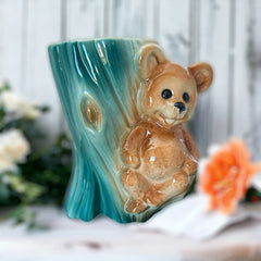 Vintage Royal Copley Bear on Tree Trunk Ceramic Vase