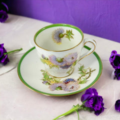 Vintage Royal Doulton Glamis Thistle Espresso Demi-Tasse Cup and Saucer Set - P. Curnock Artist Signed - 1950s Bone China Floral Set