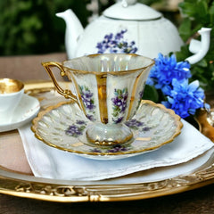 Vintage Royal Sealy Lusterware Tea Cup & Saucer Set with Periwinkle Flowers