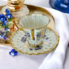 Vintage Royal Sealy Lusterware Tea Cup & Saucer Set with Periwinkle Flowers