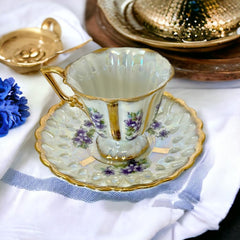 Vintage Royal Sealy Lusterware Tea Cup & Saucer Set with Periwinkle Flowers