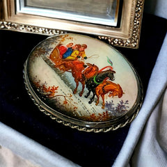 Vintage Russian Fedoskino Miniature Brooch - Hand Painted on Mother of Pearl - Winter Horse Carriage Scene