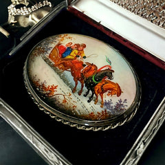 Vintage Russian Fedoskino Miniature Brooch - Hand Painted on Mother of Pearl - Winter Horse Carriage Scene