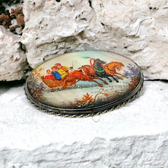 Vintage Russian Fedoskino Miniature Brooch - Hand Painted on Mother of Pearl - Winter Horse Carriage Scene