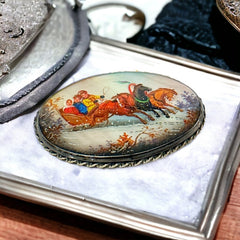 Vintage Russian Fedoskino Miniature Brooch - Hand Painted on Mother of Pearl - Winter Horse Carriage Scene