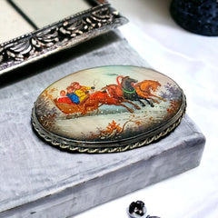 Vintage Russian Fedoskino Miniature Brooch - Hand Painted on Mother of Pearl - Winter Horse Carriage Scene