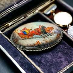 Vintage Russian Fedoskino Miniature Brooch - Hand Painted on Mother of Pearl - Winter Horse Carriage Scene