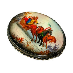 Vintage Russian Fedoskino Miniature Brooch - Hand Painted on Mother of Pearl - Winter Horse Carriage Scene