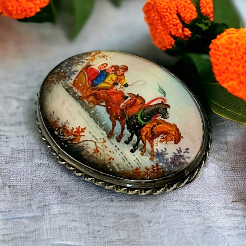 Vintage Russian Fedoskino Miniature Brooch - Hand Painted on Mother of Pearl - Winter Horse Carriage Scene