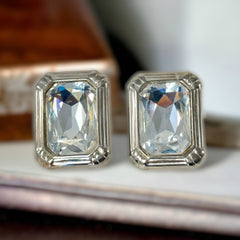 Vintage SAL© Clear Emerald Shape Crystal Statement Earrings