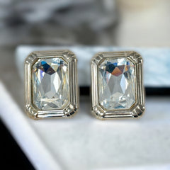 Vintage SAL© Clear Emerald Shape Crystal Statement Earrings