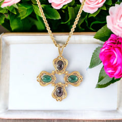 Vintage Swarovski SAL Cabochons Maltese Cross Gold Tone Pendant Necklace