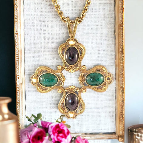 Vintage Swarovski SAL Cabochons Maltese Cross Gold Tone Pendant Necklace