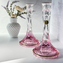Vintage Italian SC Line handblown lead crystal candlestick holders with pink‑to‑clear gradient and gold trim, set of two.