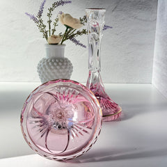 Vintage Italian SC Line handblown lead crystal candlestick holders with pink‑to‑clear gradient and gold trim, set of two.