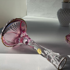 Vintage Italian SC Line handblown lead crystal candlestick holders with pink‑to‑clear gradient and gold trim, set of two.