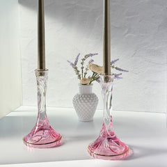 Vintage Italian SC Line handblown lead crystal candlestick holders with pink‑to‑clear gradient and gold trim, set of two.