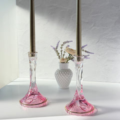 Vintage Italian SC Line handblown lead crystal candlestick holders with pink‑to‑clear gradient and gold trim, set of two.