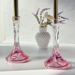 Vintage Italian SC Line handblown lead crystal candlestick holders with pink‑to‑clear gradient and gold trim, set of two.