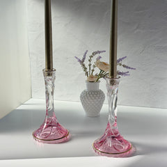 Vintage Italian SC Line handblown lead crystal candlestick holders with pink‑to‑clear gradient and gold trim, set of two.