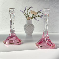 Vintage Italian SC Line handblown lead crystal candlestick holders with pink‑to‑clear gradient and gold trim, set of two.