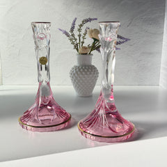 Vintage Italian SC Line handblown lead crystal candlestick holders with pink‑to‑clear gradient and gold trim, set of two.