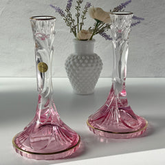 Vintage Italian SC Line handblown lead crystal candlestick holders with pink‑to‑clear gradient and gold trim, set of two.