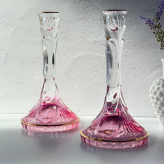 Vintage Italian SC Line handblown lead crystal candlestick holders with pink‑to‑clear gradient and gold trim, set of two.